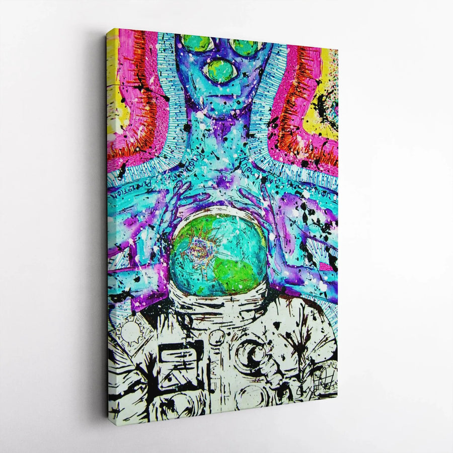 Psychedelic Astronaut Alien Canvas Art | Surreal Space Galaxy Wall Decor | Gallery Wrapped Premium Print | Trippy Cosmic Gift for Science Fiction Fans