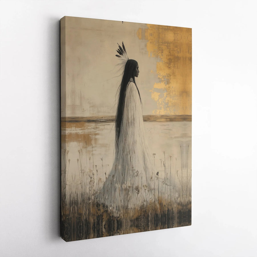 Native American Woman Wall Art | Abstract Gold Foil Canvas Print | Premium Gallery Wrapped Decor | Spiritual Southwestern Home Gift