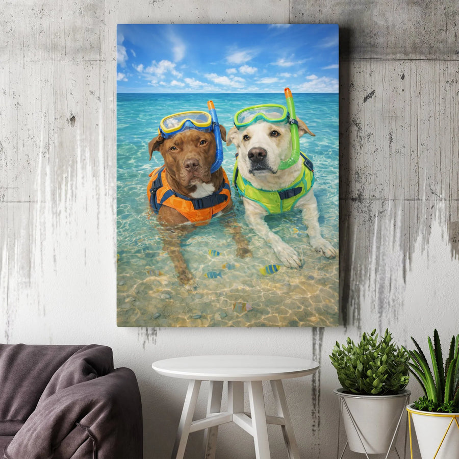 Snorkeling Dogs Canvas Wall Art | Funny Pitbull & Lab Tropical Beach Scene | Premium Matte Canvas | Gift for Dog Lover, Veterinarian Office Decor