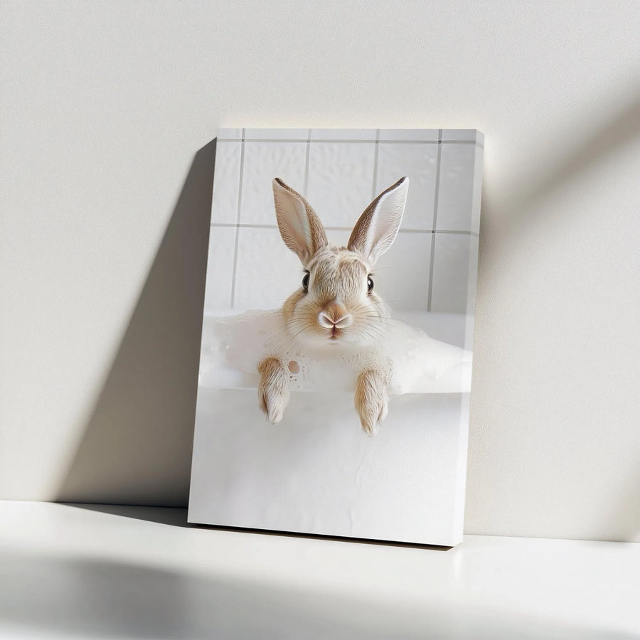 Cute Bunny In Bubble Bath Canvas Wall Art | Whimsical Animal Bathroom Decor | 1.25 Inch Gallery Wrap | Charming Gift for Animal Lovers