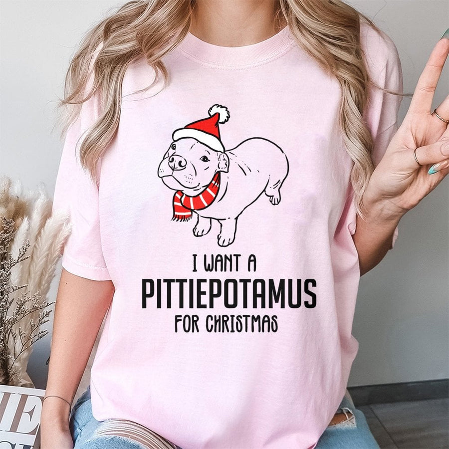 Pittiepotamus Christmas T-Shirt | Funny Pitbull Dog Santa Hat Design | Premium 100% Cotton Tee | Cute Animal Holiday Gift For Dog Lovers