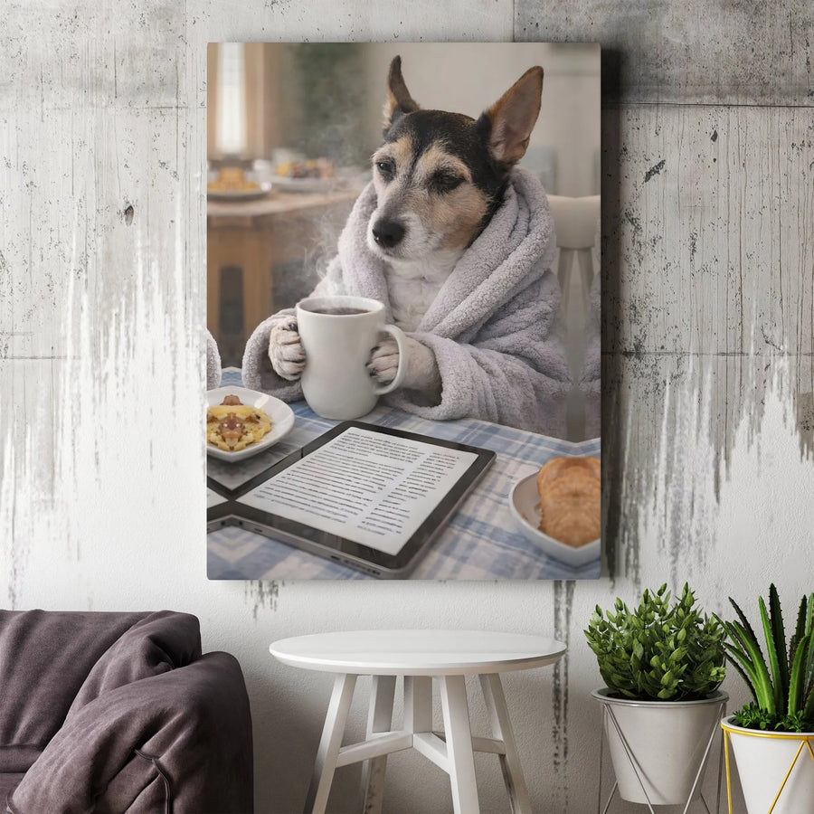 Dog Drinking Coffee Canvas Print | Humorous Pet Morning Routine Art | Premium Gallery Wrapped Decor | Funny Gift For Dog Lovers & Bookworms