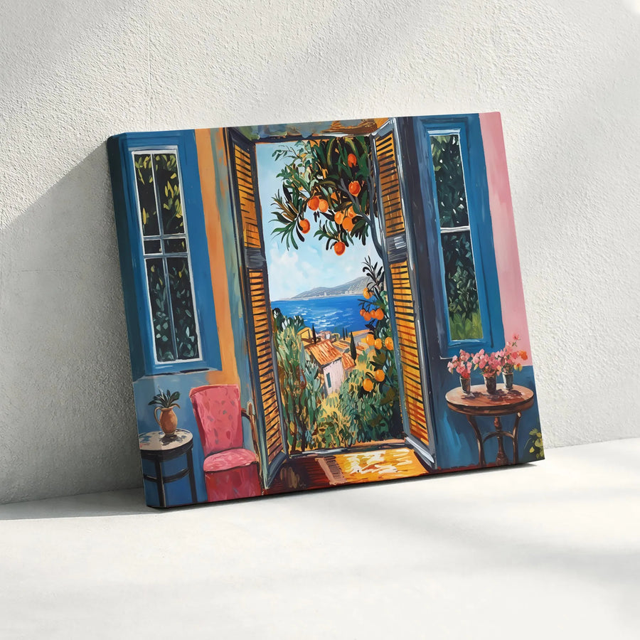 Mediterranean Window View Wall Art | Italian Coastal Scenery Canvas Print | Premium Gallery Wrapped Artwork | Colorful Living Room Decor Gift