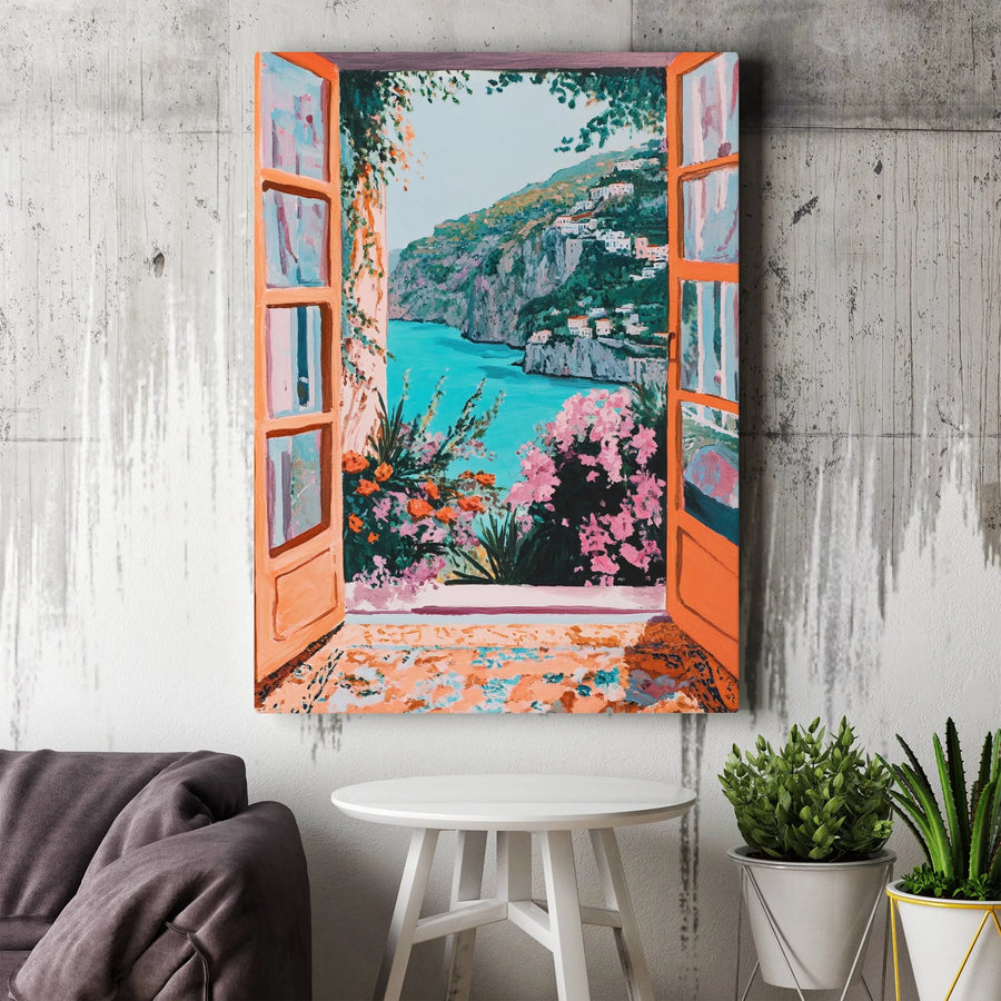 Amalfi Coast Window Canvas Wall Art | Mediterranean Sea View Painting | Gallery Wrap Premium Print | Italian Travel Decor Gift
