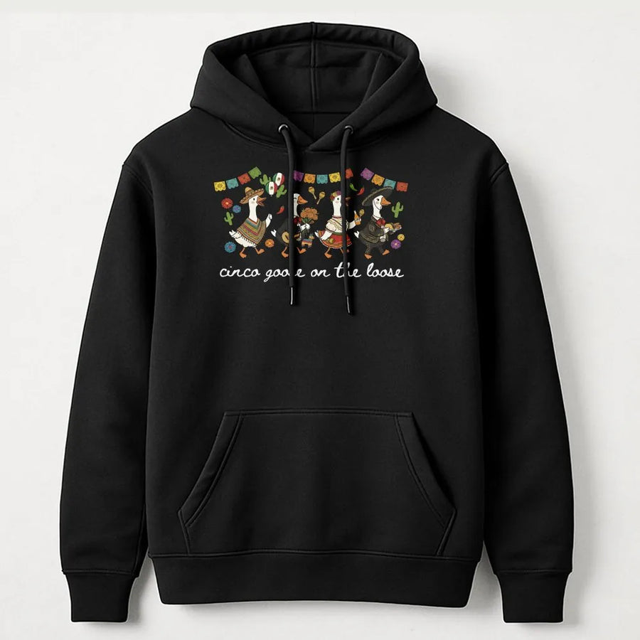 Funny Cinco de Mayo Hoodie | Cinco Goose On The Loose Pun Graphic | Premium Cotton Tee | Mexican Fiesta Party Gift for Tequila Lovers