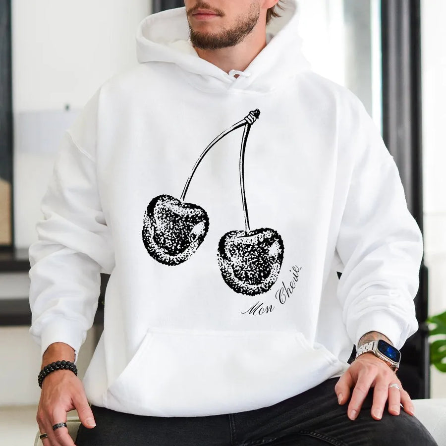 Mon Cheri Cherry Hoodie | Minimalist French Aesthetic Graphic | Premium Cotton Blend | Aesthetic Soft Girl Gift For Her