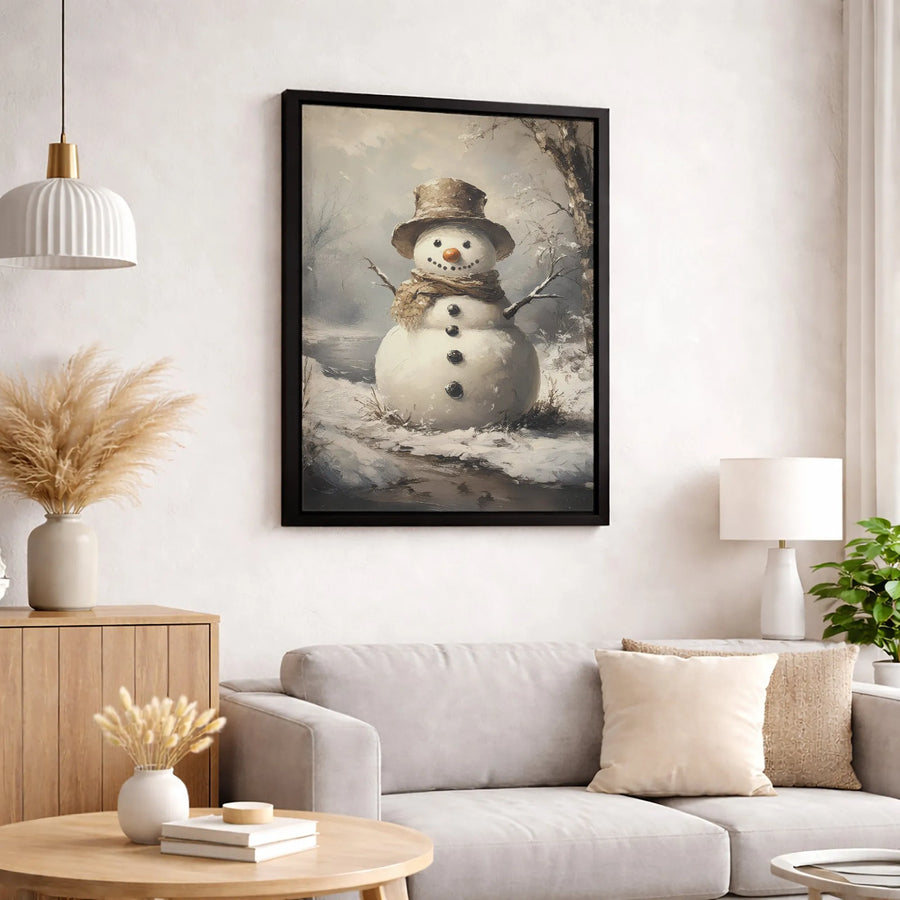 Vintage Snowman Wall Art | Rustic Winter Forest Painting | Gallery-Wrapped Canvas Print | Holiday Home Decor Gift