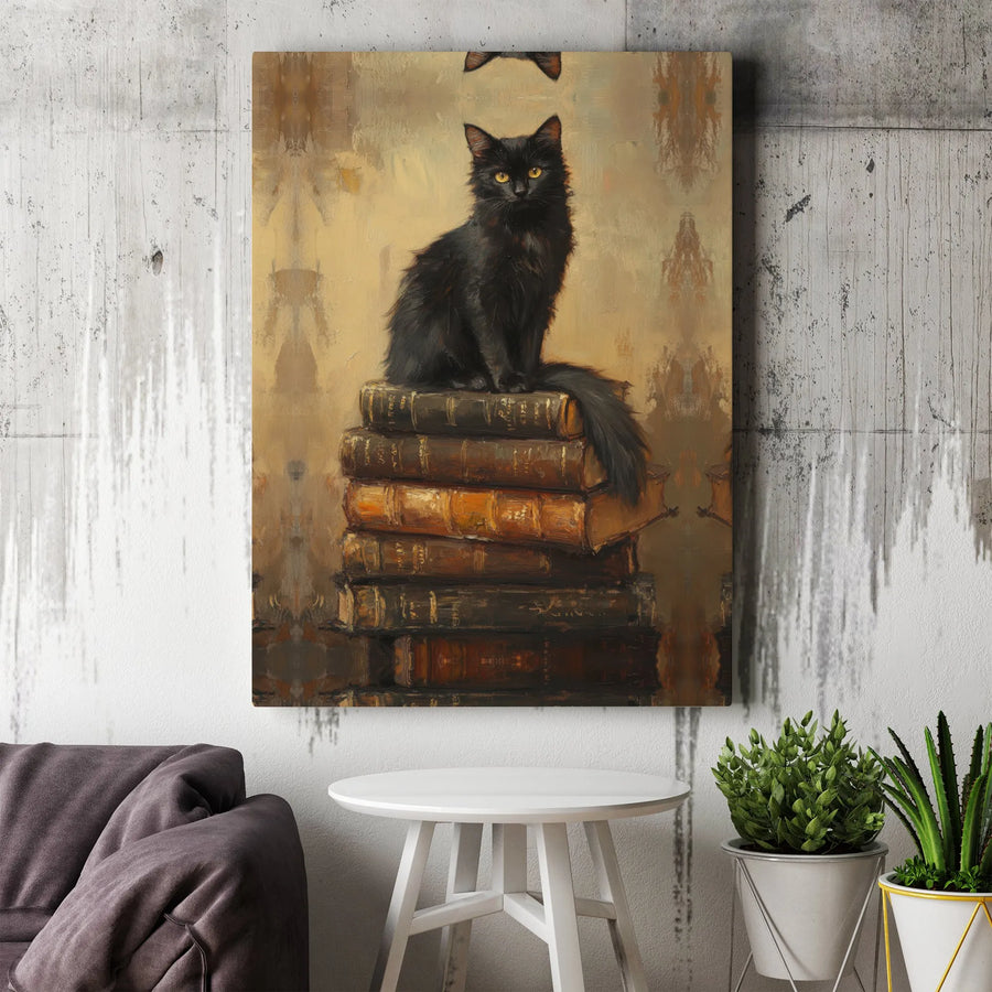 Black Cat on Books Canvas Wall Art | Vintage Oil Painting Style | Premium Gallery Wrap Print | Whimsical Library Home Decor Gift