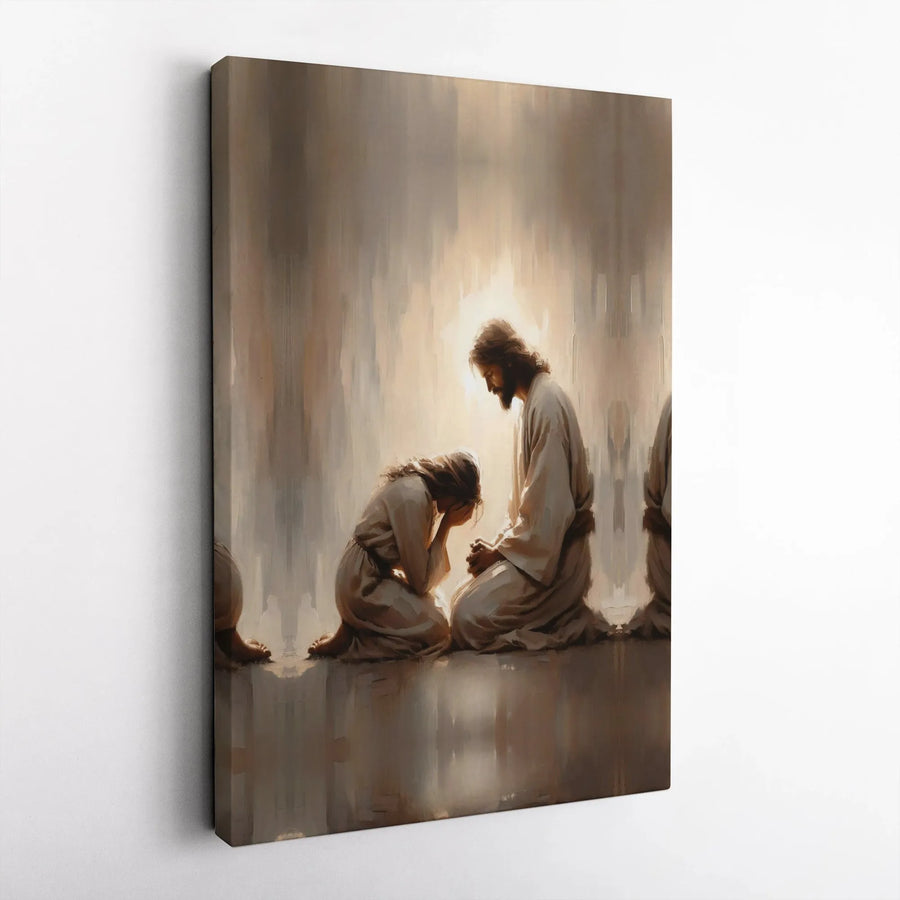 Jesus Praying With Kneeling Woman Canvas | Religious Fine Art Wall Decor | Gallery-Wrapped 1.25-Inch Profile | Spiritual Christian Home Gift