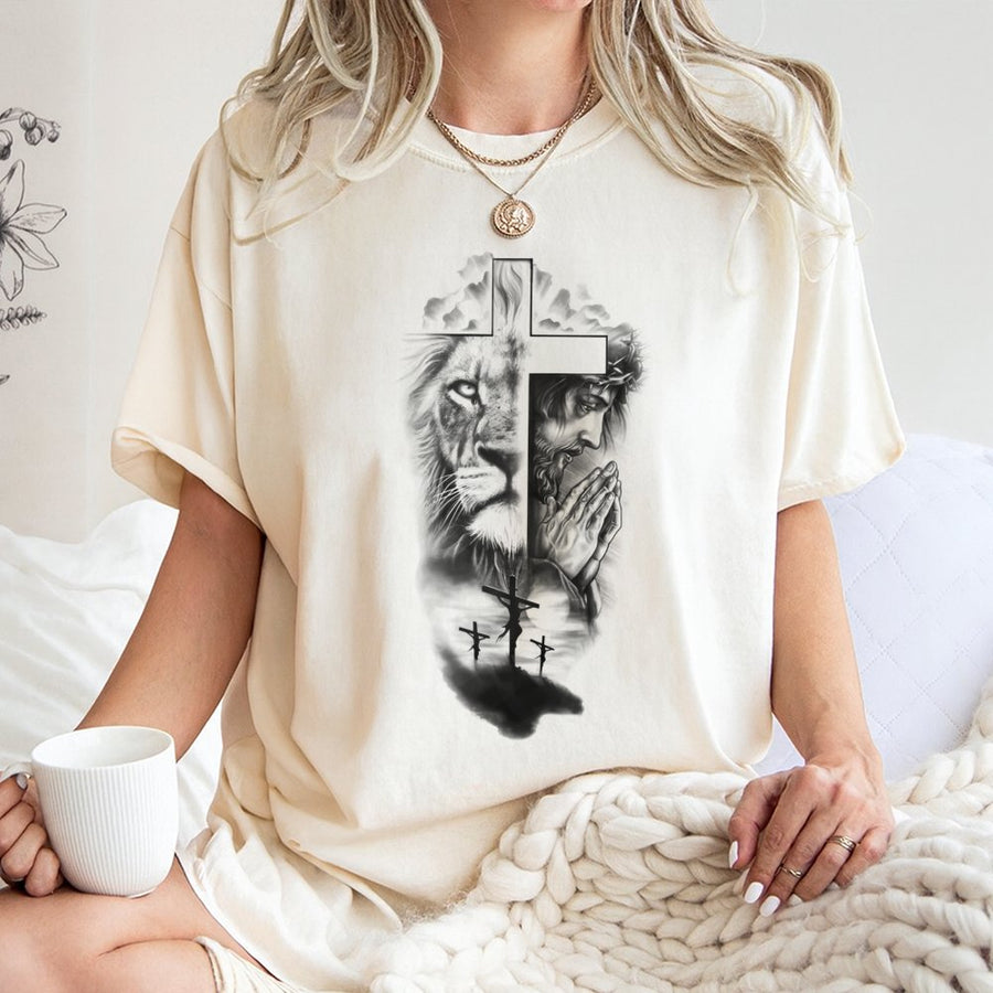 Lion of Judah Jesus Cross T-Shirt | Artistic Religious Faith Graphic | 100% Cotton Premium Tee | Spiritual Christian Gift for Men and Women