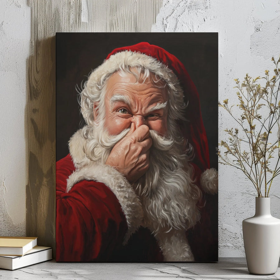 Funny Santa Claus Canvas Wall Art | Whimsical Nose Picking Portrait | Premium Gallery Wrapped Print | Unique Christmas Gag Gift for Home Decor