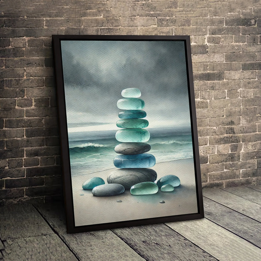 Zen Stone Stack Wall Art | Watercolor Beach Sea Glass Print | Premium Gallery-Wrapped Canvas | Calming Coastal Home Decor Gift