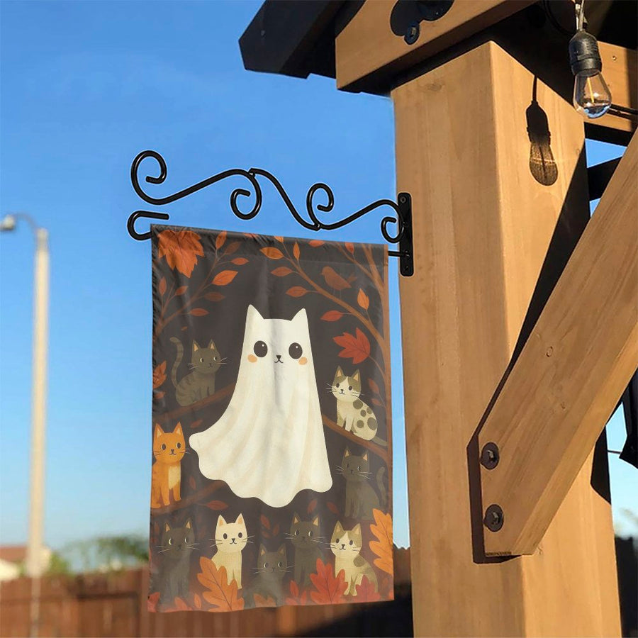 Ghost Cat Garden Flag | Cute Kitten Fall Foliage Print | Weather-Resistant Polyester | Halloween Outdoor Decor Gift