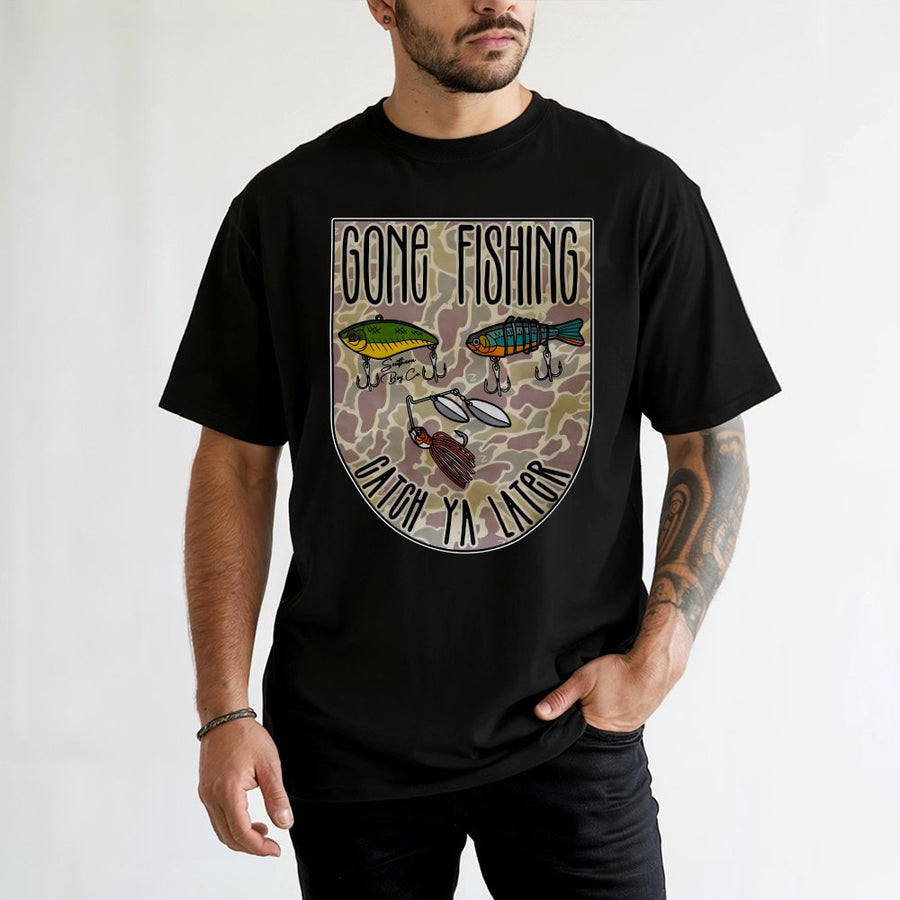 Gone Fishing T-Shirt | Catch Ya Later Camo Graphic Print | 100% Premium Cotton Tee | Outdoor Enthusiast Fisherman Gift