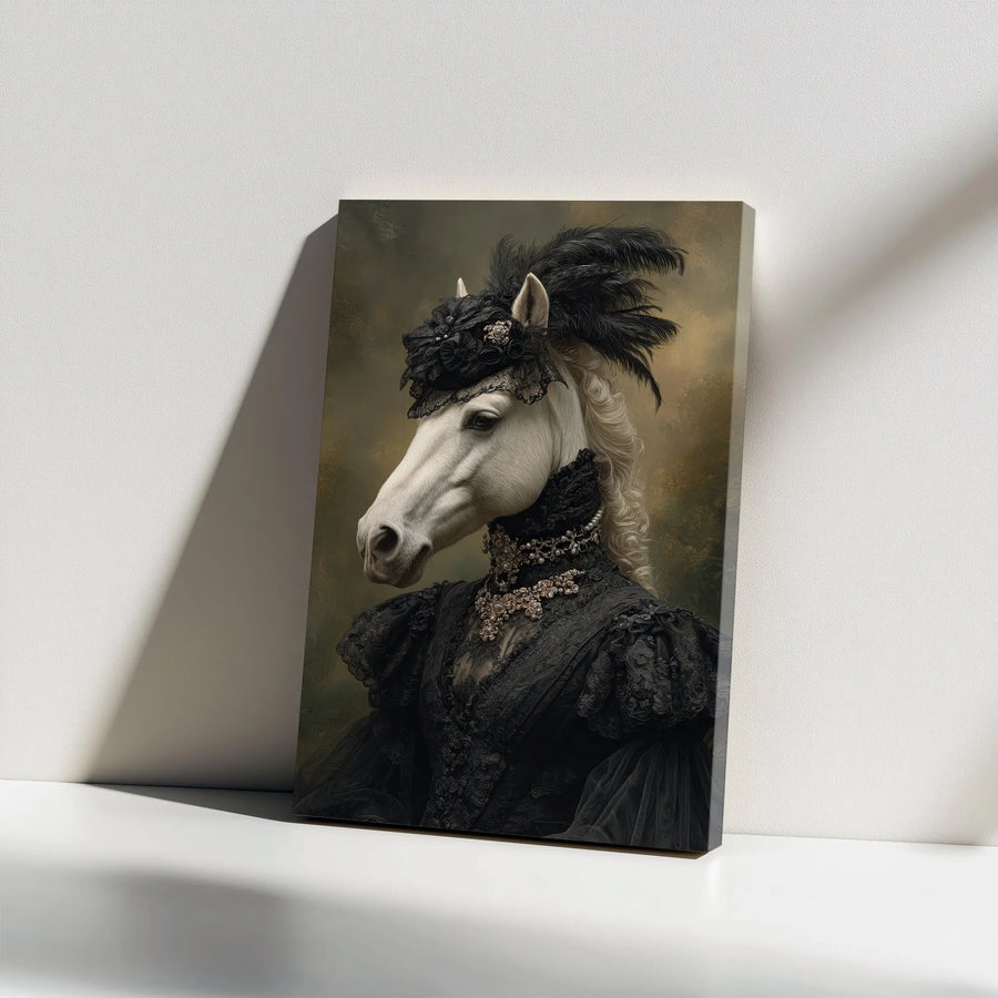 Victorian Horse Portrait Canvas Print | Anthropomorphic White Horse in Black Gothic Gown | Premium Gallery Wrapped Canvas | Collector's Gift for Dark Academia Home Decor