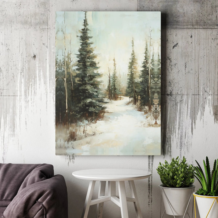Winter Forest Canvas Art | Snowy Pine Tree Landscape Path | Premium Gallery-Wrapped Print | Serene Nature Home Decor Wall Gift