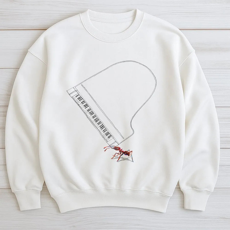 Ant Lifting Piano Sweatshirt | Surreal Minimalist Line Art Graphic | Premium Cotton-Blend Sweatshirt | Gift for Musician or Pianist