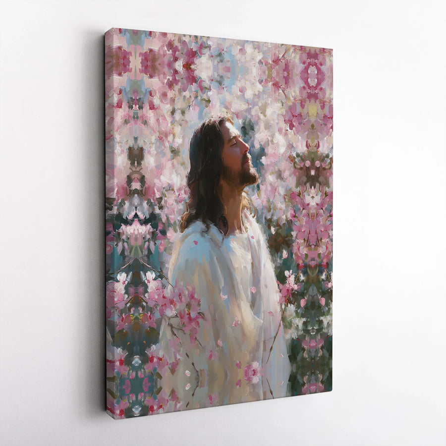 Jesus Christ Canvas Wall Art | Painterly Portrait with Pink Cherry Blossoms | Premium Gallery Wrapped Canvas | Spiritual Gift for Christian Home