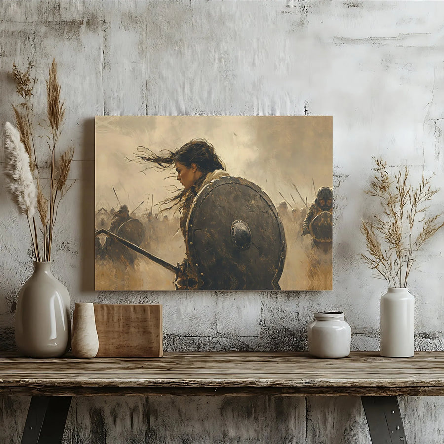Viking Shieldmaiden Canvas Wall Art | Warrior Woman Battlefield Scene | Premium 1.25-inch Gallery Wrap | Historical Fantasy Decor for Home Office