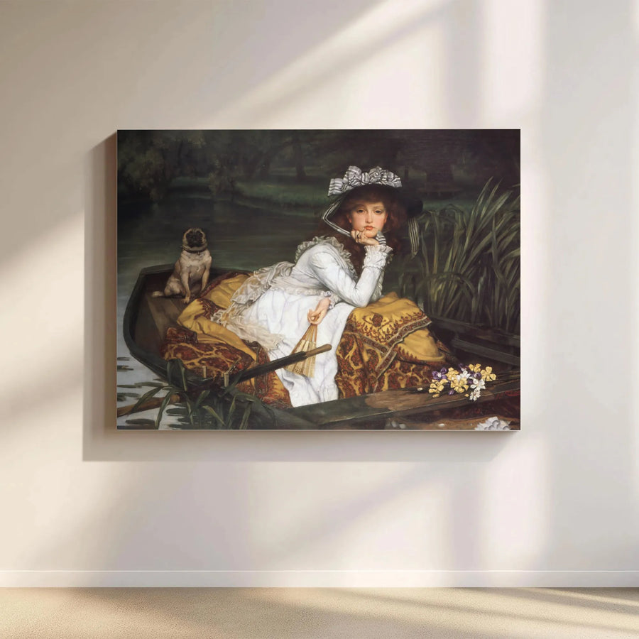 James Tissot Canvas Wall Art 'Young Lady in a Boat' | Victorian Woman with Pug Painting | Premium Fade-Resistant Print | Collector's Gift for Classic Art Lover