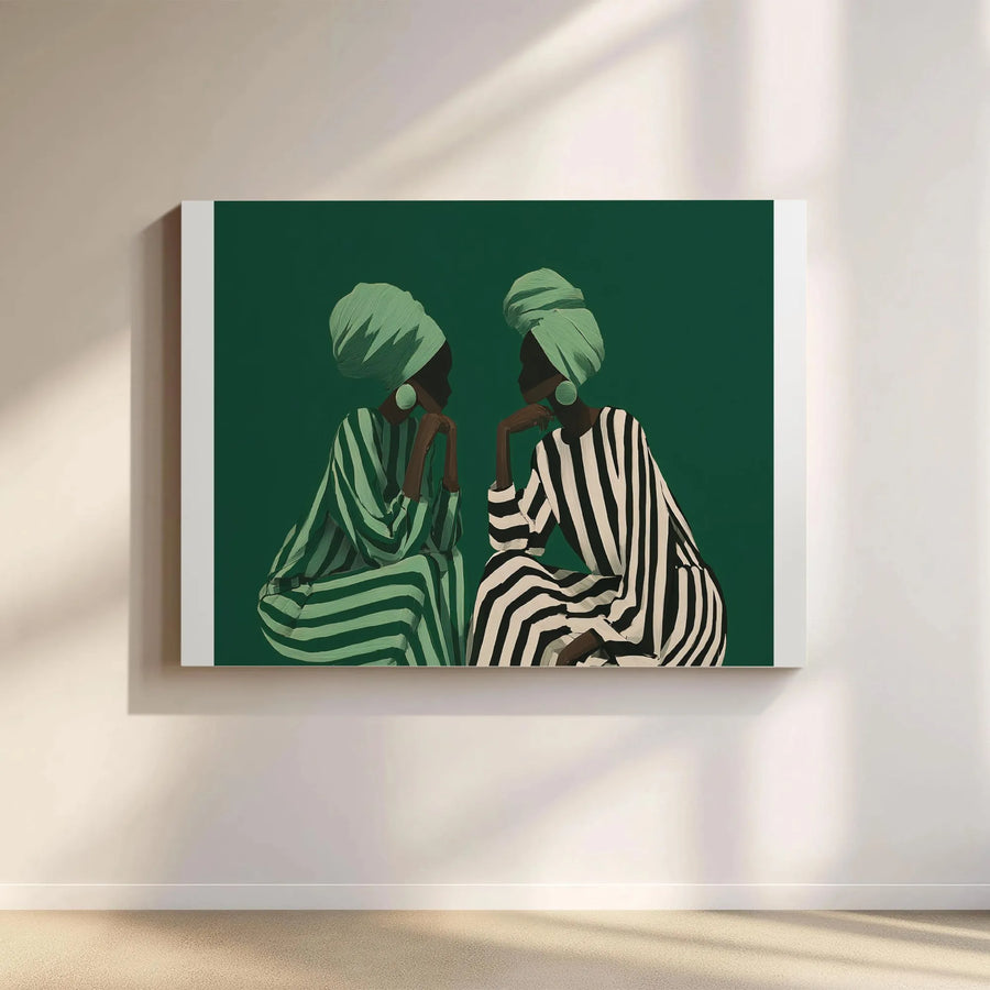 African Women Portrait Horizontal Canvas | Bold Green Headwrap & Striped Fashion Art | Premium 1.25-Inch Gallery Wrap | Afrocentric Wall Decor, Elegant Cultural Gift