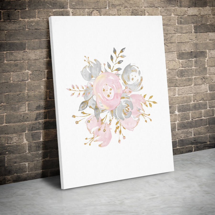 Watercolor Floral Canvas Wall Art | Pink and Grey Bouquet with Gold Glitter Accents | 1.25 Inch Gallery Wrap | Elegant Home Decor Gift