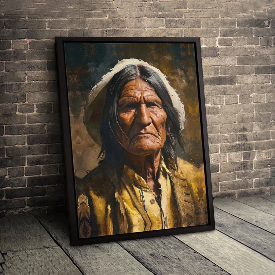 Native American Portrait Wall Art | Elderly Indigenous Man Oil Painting Style | Premium Gallery Canvas | Rustic Western Home Decor Gift