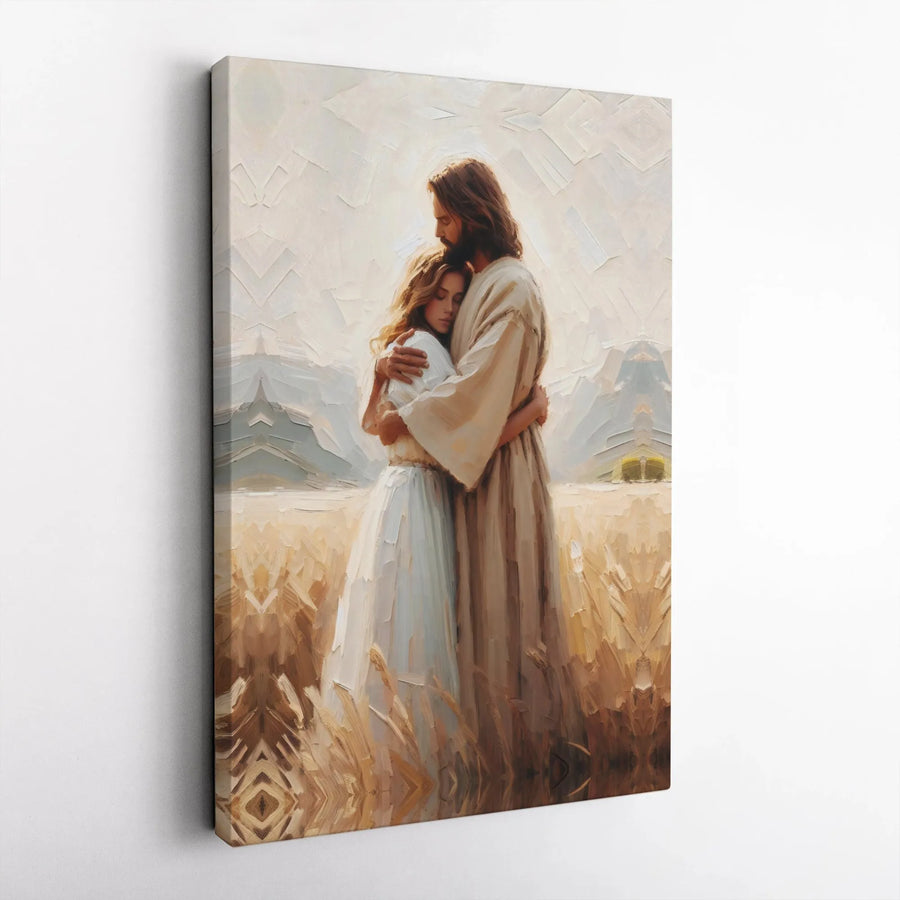 Jesus Christ Embracing Woman Canvas Art | Religious Wheat Field Oil Painting Style | Premium Gallery Wrap Wall Decor | Spiritual Christian Gift