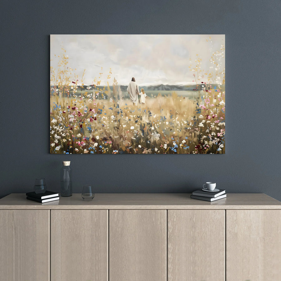 Jesus Walking With Child Canvas Print | Watercolor Wildflower Meadow | Premium Gallery Wrap Wall Art | Christian Home Decor Gift