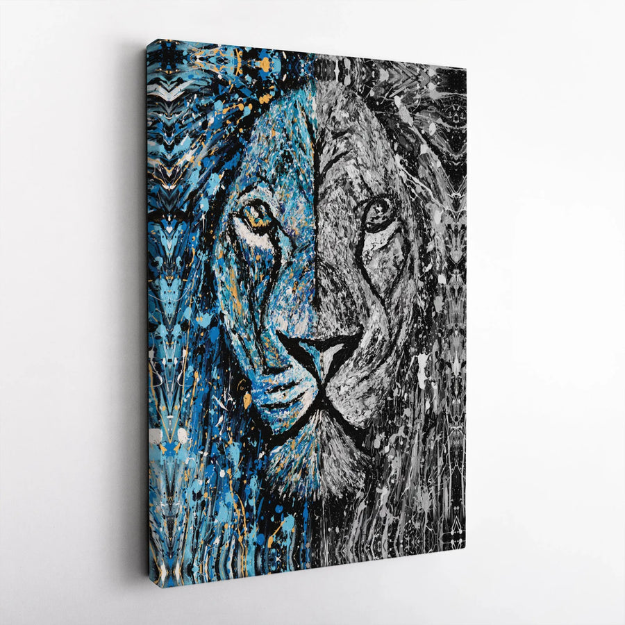 Abstract Lion Canvas Wall Art | Split Face Paint Splatter Print | Premium Gallery-Wrapped 1.25" Profile | Bold Office and Home Decor Gift