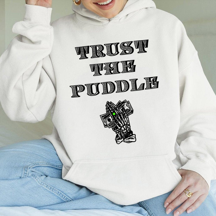Trust The Puddle Mechanic Hoodie | Skeleton Praying Hands Graphic | Premium Cotton-Poly Blend | Gift for Car Enthusiasts & Garage Lovers