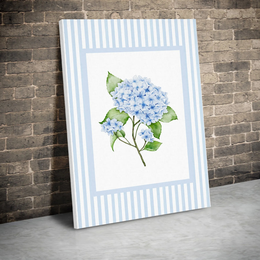 Blue Hydrangea Wall Art | Watercolor Floral Print with Striped Border | Premium 1.25-inch Thick Gallery Canvas | Botanical Home Decor Gift