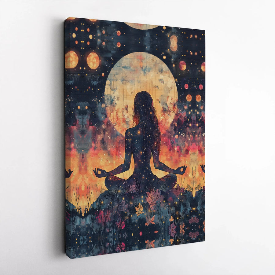 Yoga Meditation Canvas Wall Art | Celestial Moon Galaxy Silhouette | Premium Gallery Wrap Print | Spiritual Home Decor Gift for Women