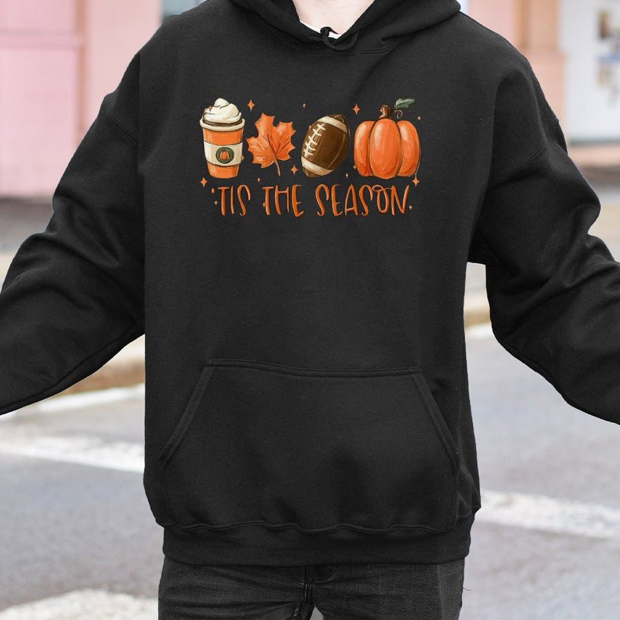Tis The Season Fall Hoodie | Pumpkin Spice Latte Autumn Graphic | Premium Cotton Blend Pullover | Cute Thanksgiving Football Gift For Women