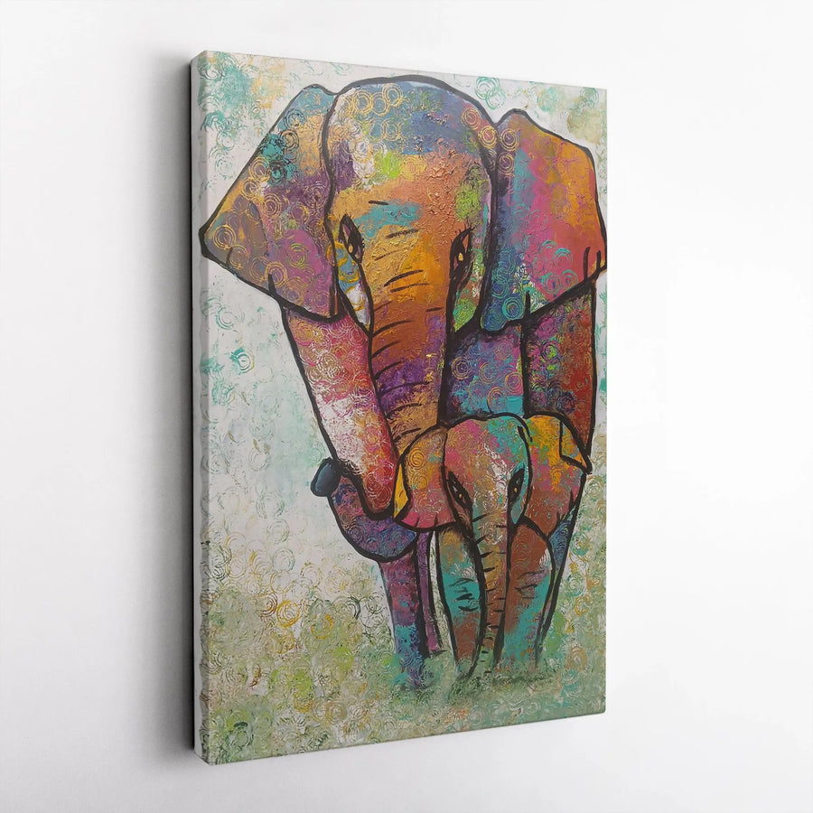 Colorful Elephant Canvas Wall Art | Abstract Mother and Baby Painting | Premium Fade-Resistant Print | Nursery Decor Gift for New Parents