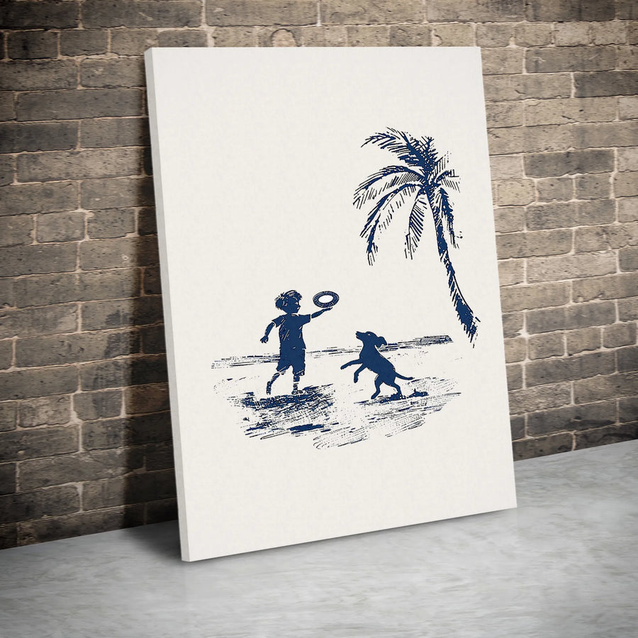 Boy and Dog Beach Canvas Print | Minimalist Sketch Art Illustration | Premium Thick Gallery Wrap Canvas | Coastal Home Decor Gift for Dog Lovers