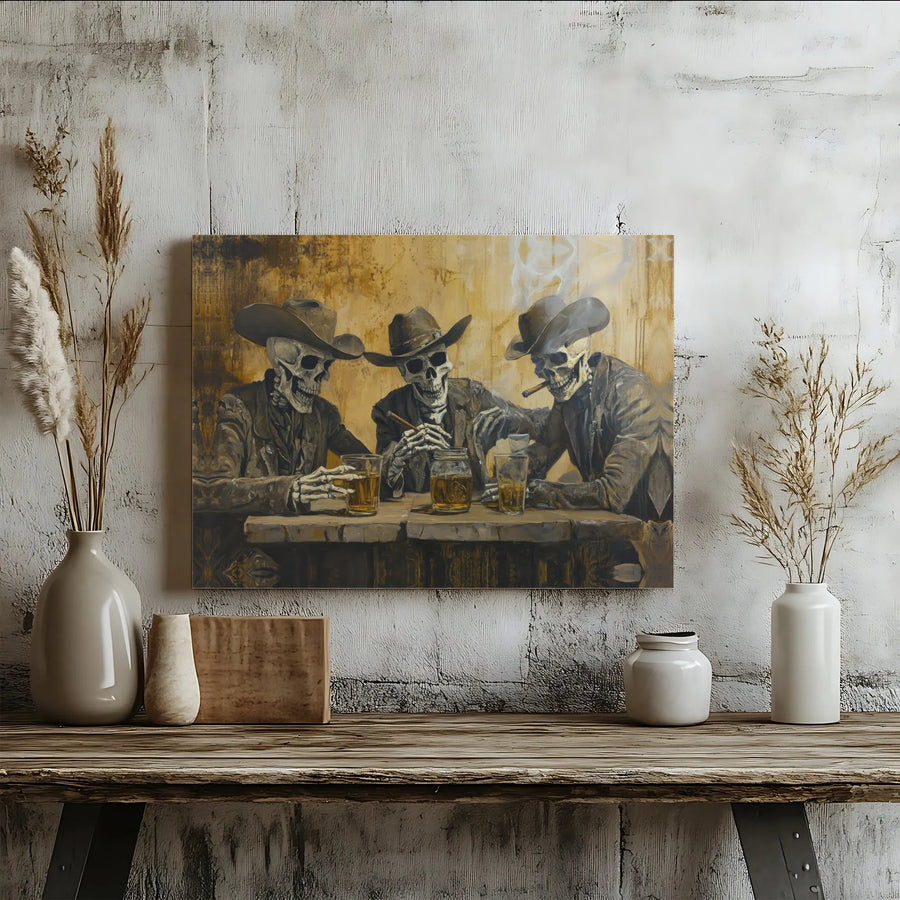 Skeleton Cowboy Canvas Wall Art | Western Saloon Whiskey Drinkers | Premium Gallery-Wrapped Print | Rustic Home Decor & Man Cave Gift