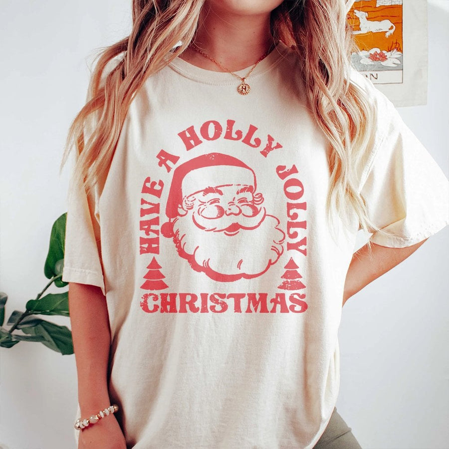 Retro Santa T-Shirt | Holly Jolly Christmas Graphic Tee | Premium 100% Cotton Shirt | Festive Holiday Gift for Women and Men
