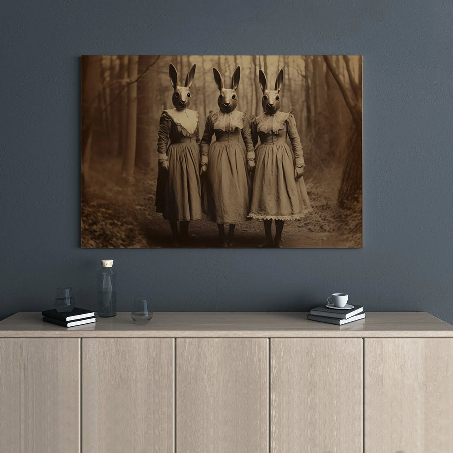 Surreal Bunny People Canvas Art | Victorian Rabbit Trio Gothic Decor | Premium Gallery Wrap Wall Print | Spooky Forest Photography Gift