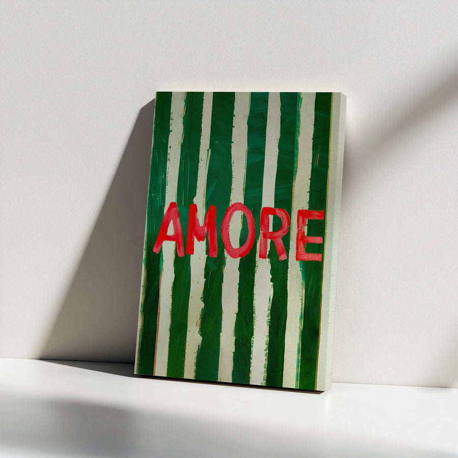 Amore Canvas Wall Art | Red Typography on Green Stripes | Premium Gallery Wrapped Decor | Italian Romantic Home Gift for Couples
