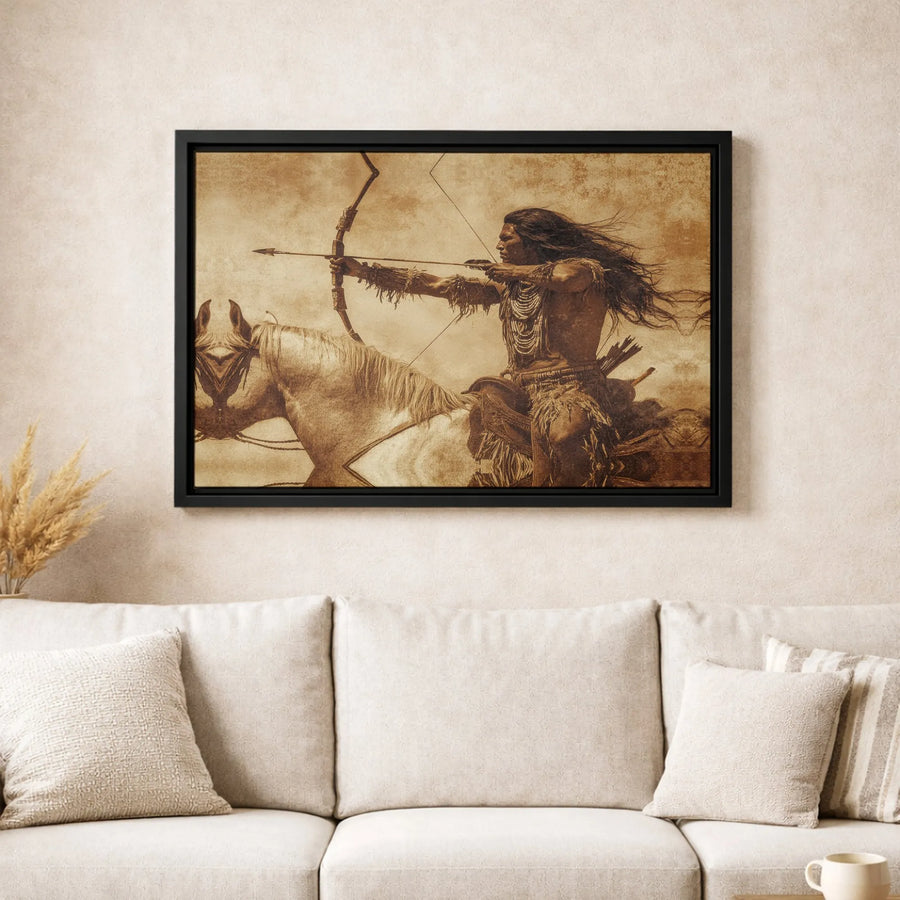 Native American Warrior Canvas Art | Sepia Tone Horseback Archer Print | Premium Gallery Wrapped Wall Decor | Historical Western Gift for Home