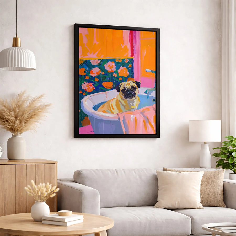 Pug in Bathtub Canvas Art | Colorful Modern Dog Wall Decor | Premium 1.25" Gallery Wrap | Unique Gift for Dog Lovers