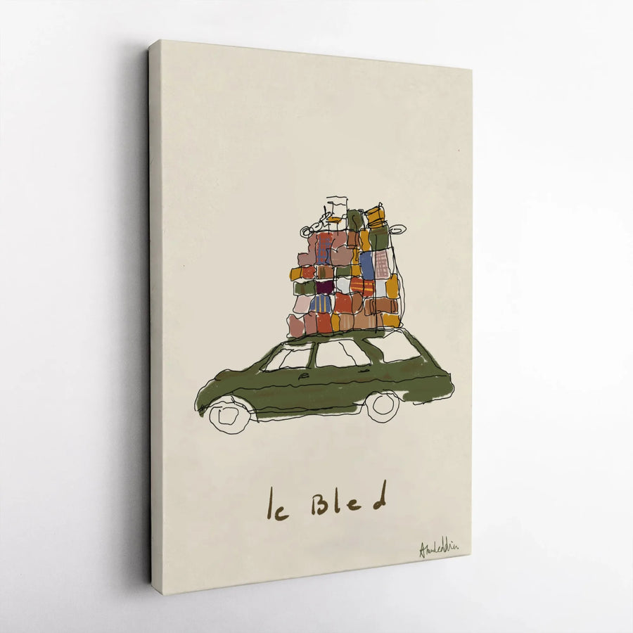 Le Bled Car Canvas Print | Overloaded Travel Illustration | Gallery Wrapped Premium Wall Art | Nostalgic Road Trip Decor For Home Office