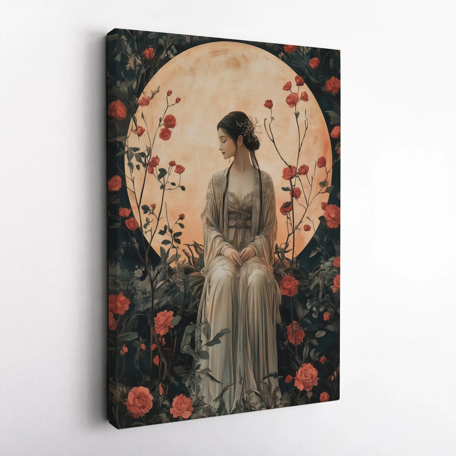 Ethereal Moonlit Maiden Canvas | Red Rose Botanical Wall Art | Premium Gallery Wrap Print | Whimsical Oriental Home Decor Gift