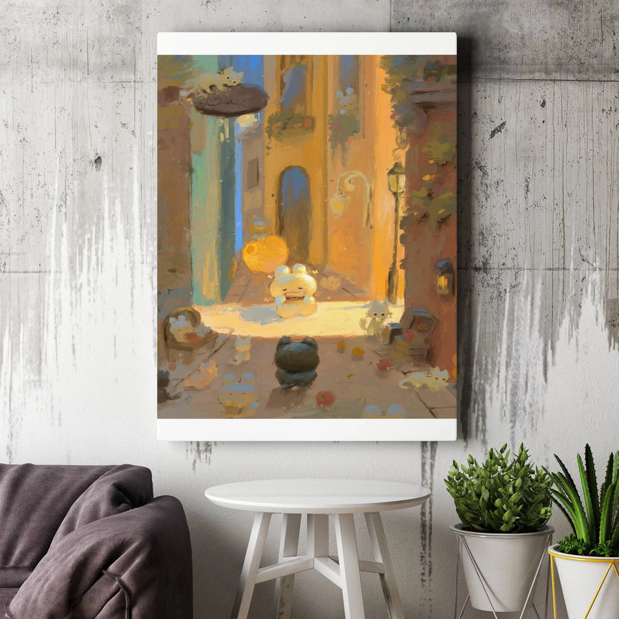Whimsical Cat City Canvas Print | Painterly Cartoon Kitten Village Scene | Premium Fade-Resistant Canvas | Nursery Wall Decor Gift for Cat Lover