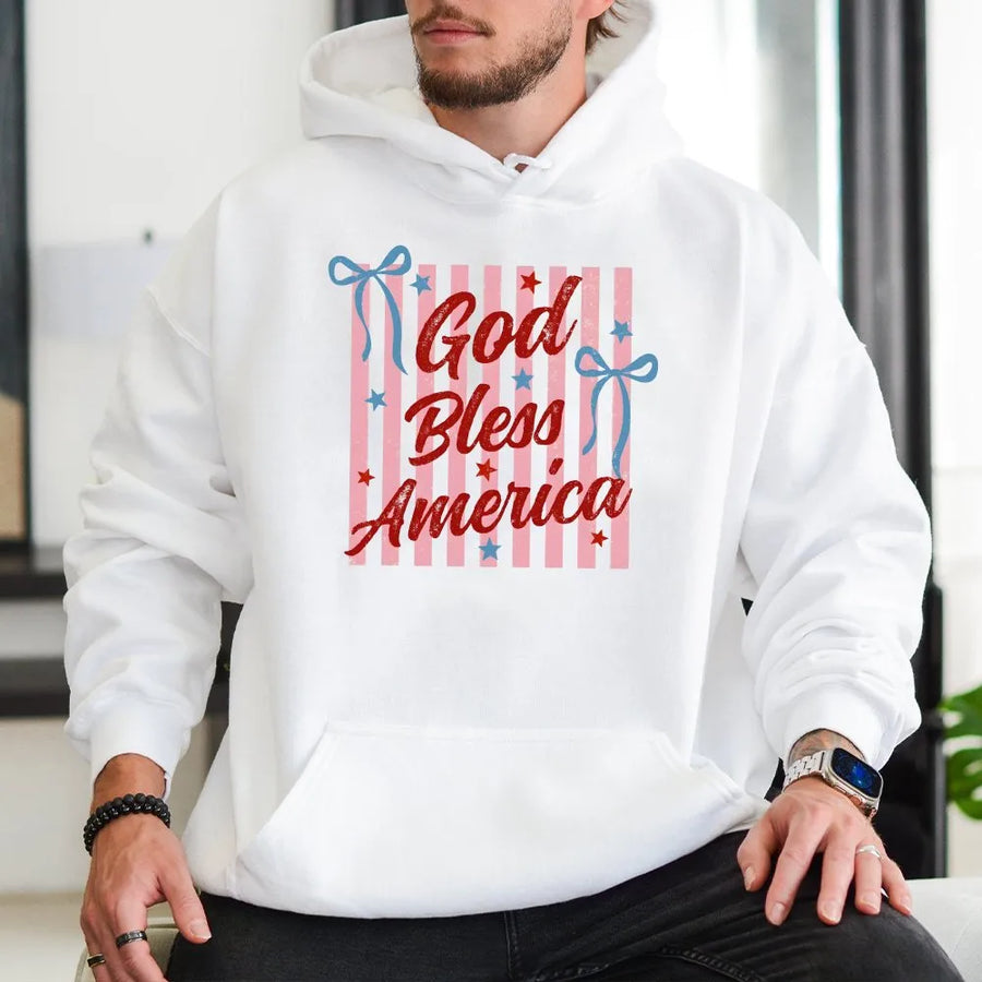 Patriotic 4th of July Hoodie | God Bless America Striped Graphic | Premium Soft Cotton Blend | USA Pride Gift for Women