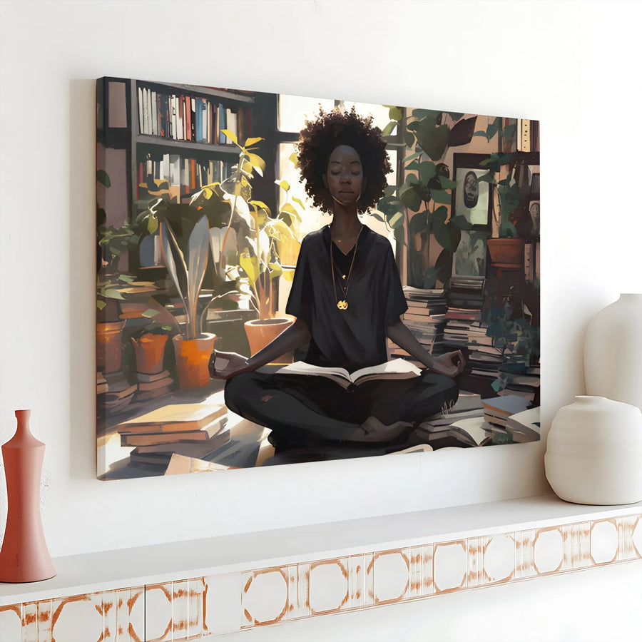 Black Woman Meditating Wall Art | Zen Library Books and Plants Print | Premium 1.25" Gallery Wrap Canvas | Mindfulness Gift for Readers