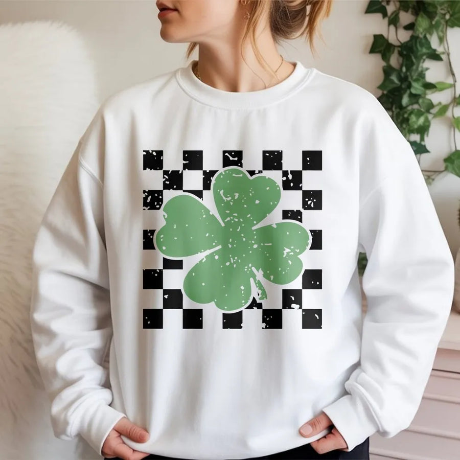 Retro Shamrock Sweatshirt | Distressed Checkerboard Clover Graphic | Premium Cotton Blend | Unisex St. Patrick's Day Gift