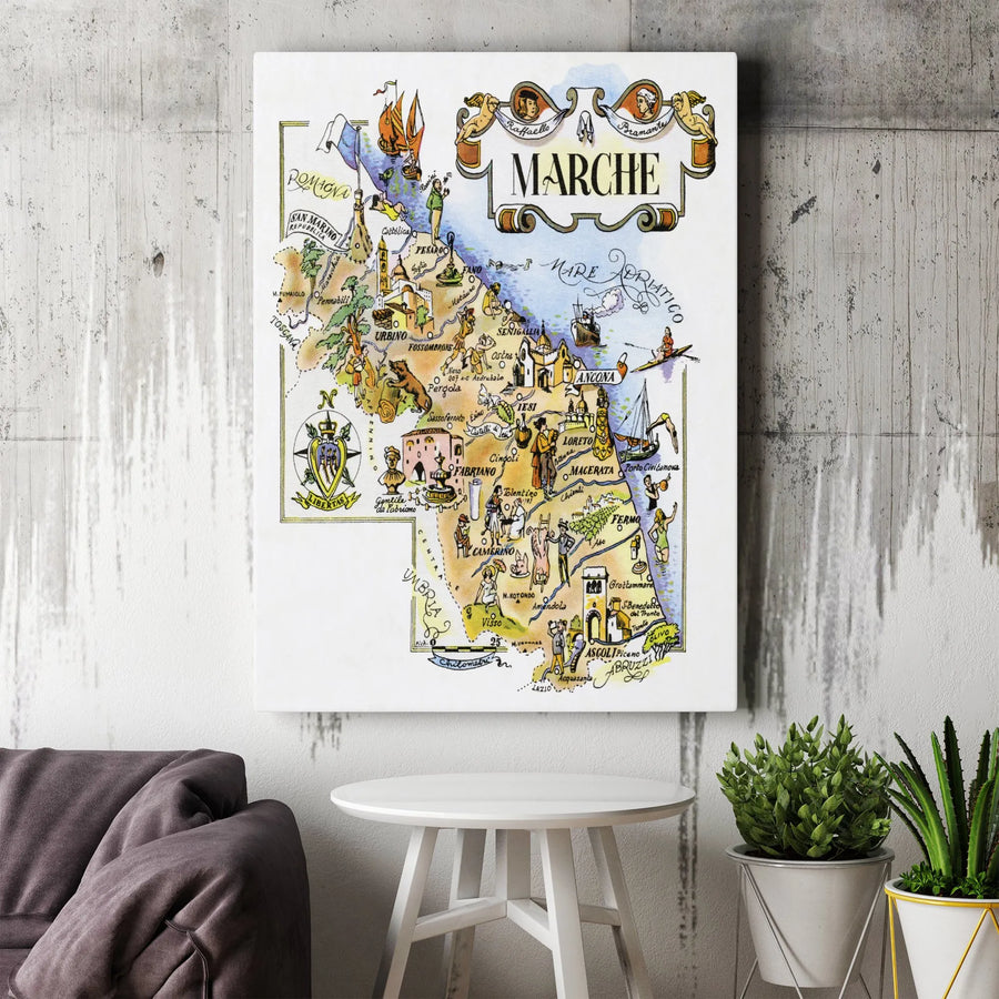 Marche Italy Map Print | Vintage Illustrated Pictorial Art | Gallery Quality Premium Canvas | Travel Lover Home Decor Wall Gift