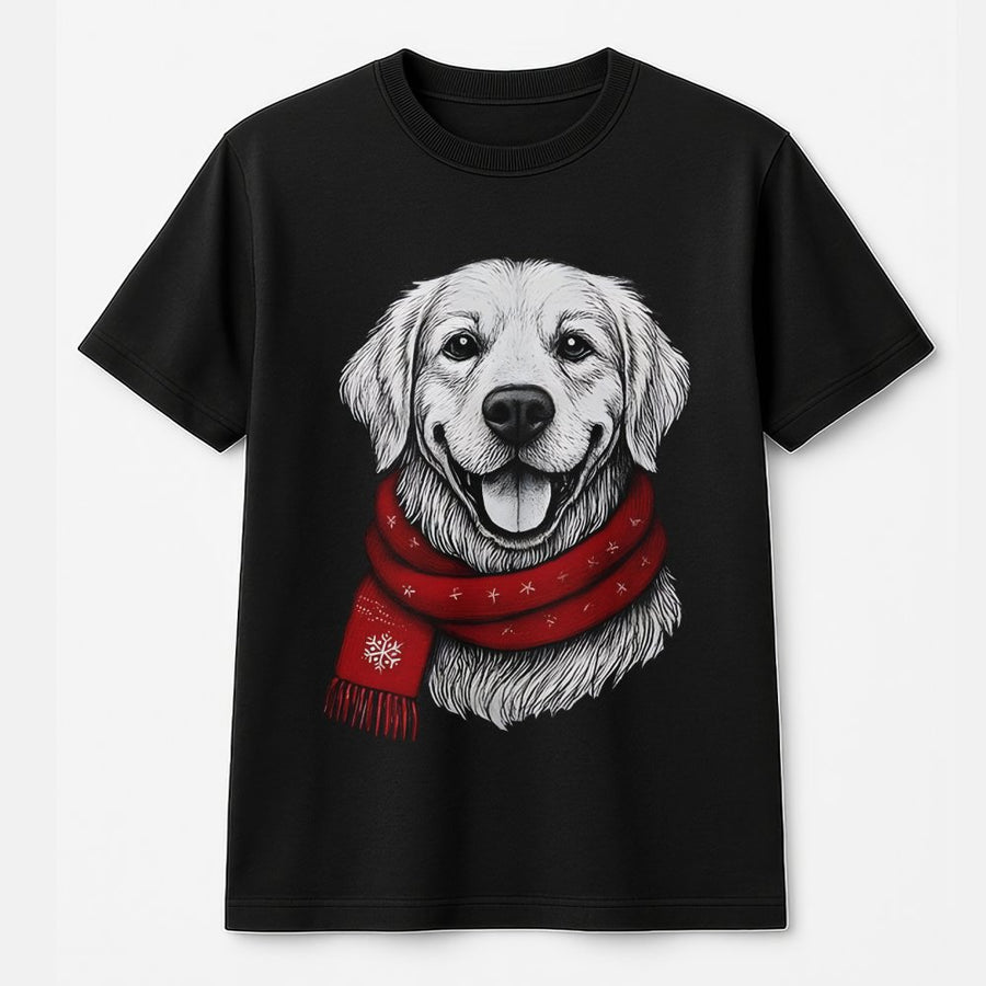 Golden Retriever Christmas T-Shirt | Festive Dog With Red Scarf Print | Premium 100% Cotton | Cozy Holiday Gift For Dog Lovers